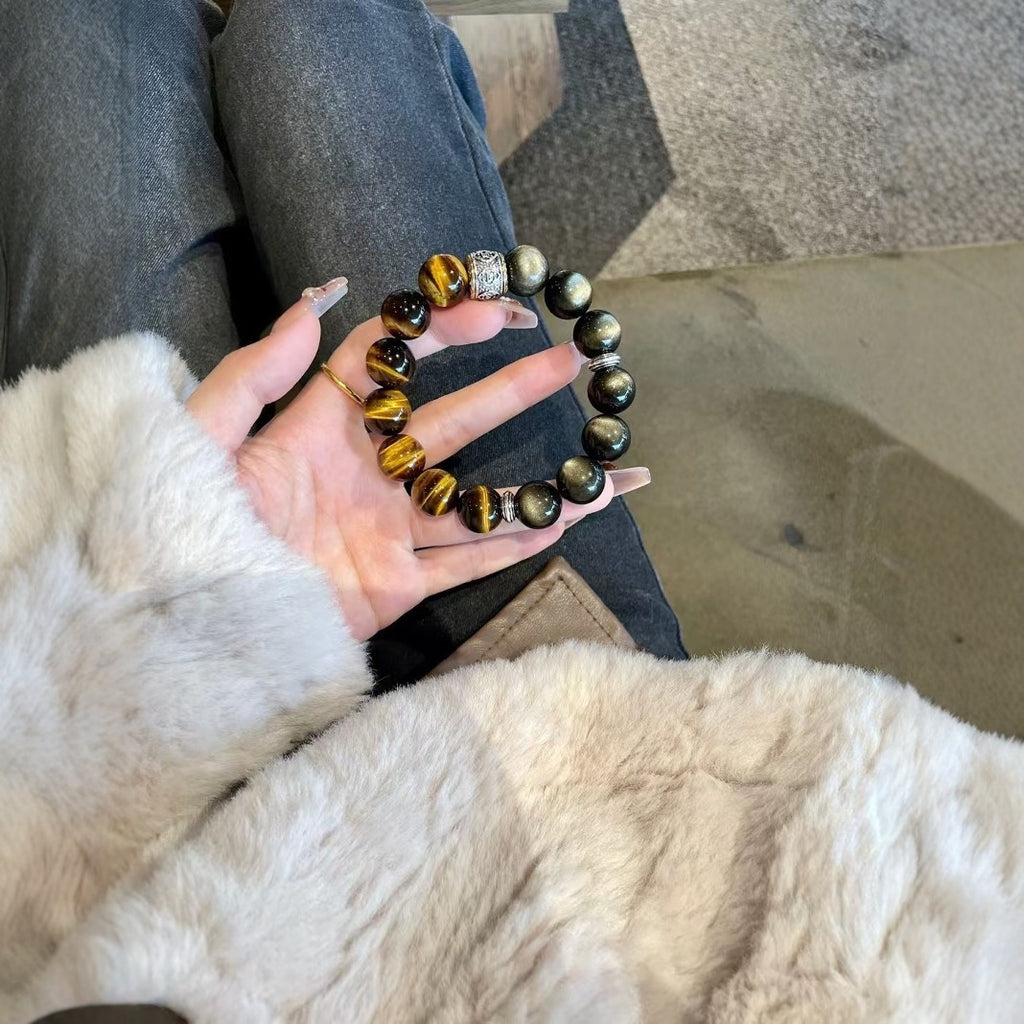 Obsidian Tiger Eye Crystal Bracelet | Protection Grounding Strength Courage Shield Jewelry