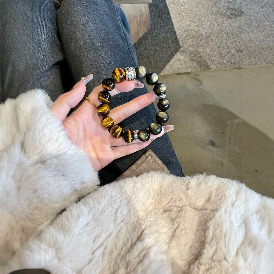 Obsidian Tiger Eye Crystal Bracelet | Protection Grounding Strength Courage Shield Jewelry