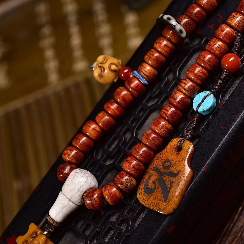 Tibetan Vintage Camel Bone 108 Barrel Beads Prayer Bracelet | Meteorite Agate Meditation Mala Jewelry