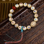 Aged Bone Wealth Bracelet | Three Color Gemstone Inlay Fortune Prosperity Longevity Agate Spiritual Jewelry