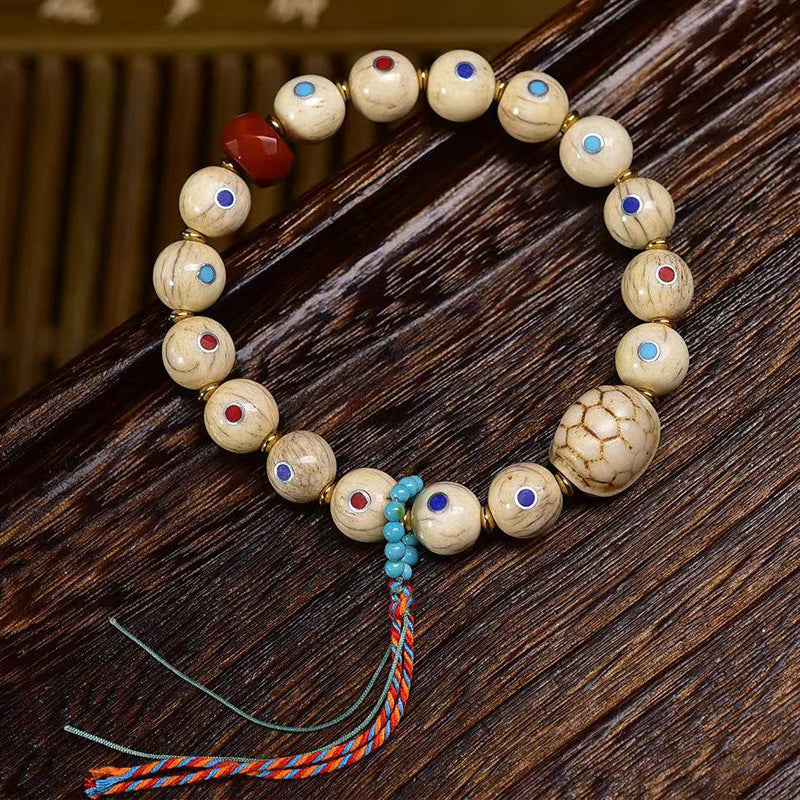 Aged Bone Wealth Bracelet | Three Color Gemstone Inlay Fortune Prosperity Longevity Agate Spiritual Jewelry