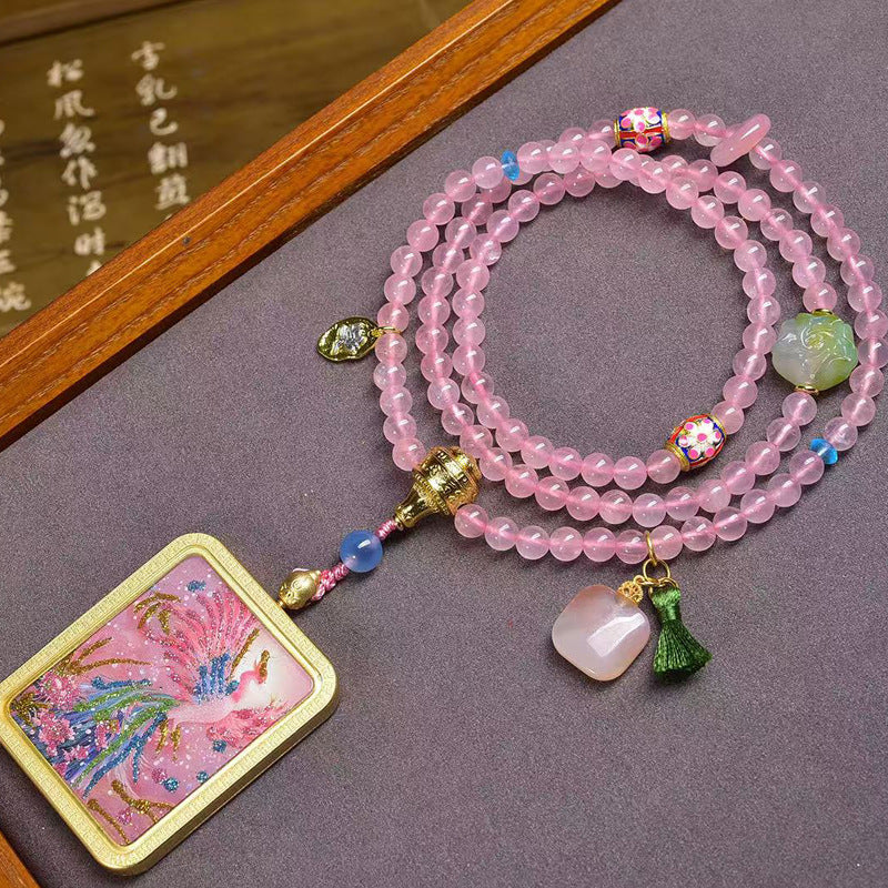Tibetan Nine Purple Fire Pink Phoenix Thangka Amulet | Rose Quartz Agate Feminine Energy Beauty Entrepreneur Necklace