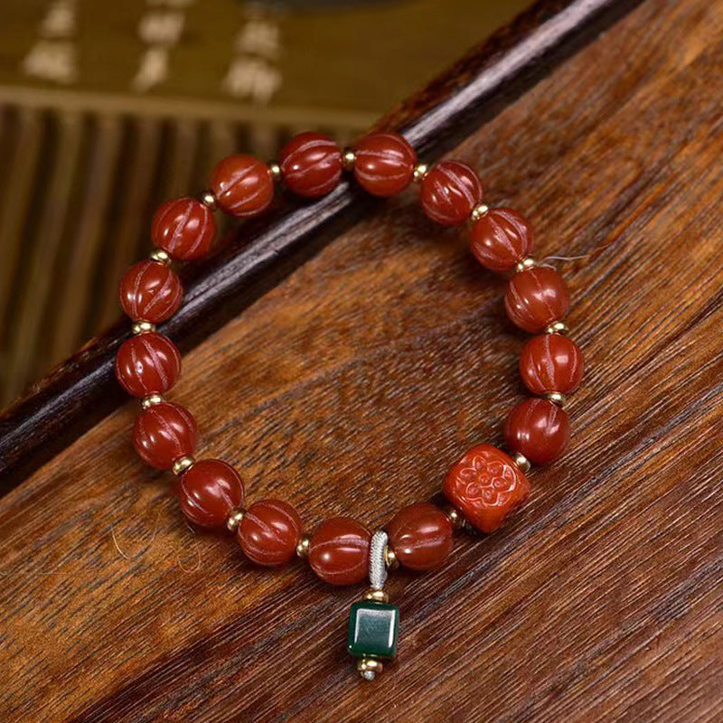 Red Agate Melon Beads Bracelet | Malachite Prosperity Wealth Fortune Harvest Spiritual Jewelry