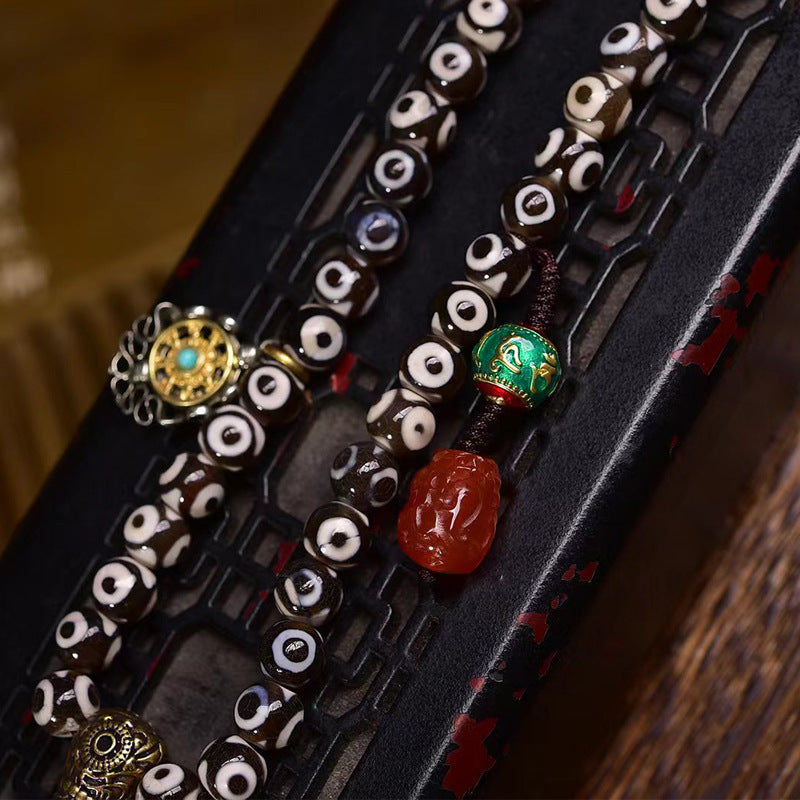Tibetan Three-Eye Dzi 108 Prayer Beads Bracelet | Meditation Mala Agate Buddha Spiritual Jewelry