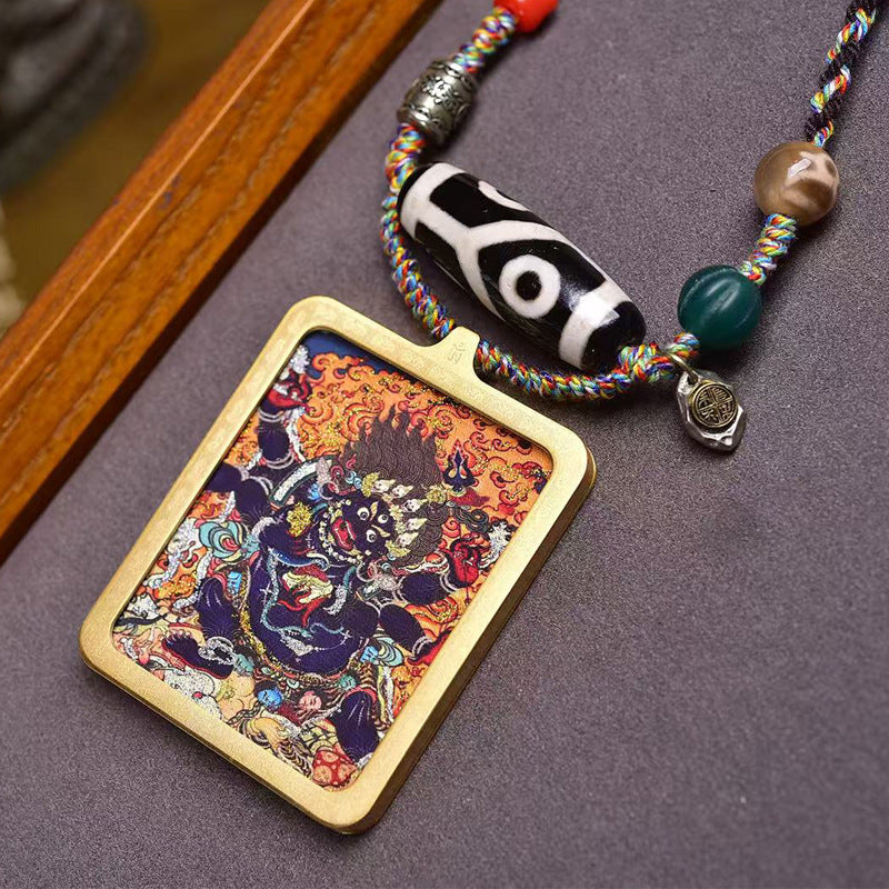 Tibetan Six-Armed Mahakala Thangka Amulet | Wealth Protection Agate Dzi Bead Business Success Guardian Necklace
