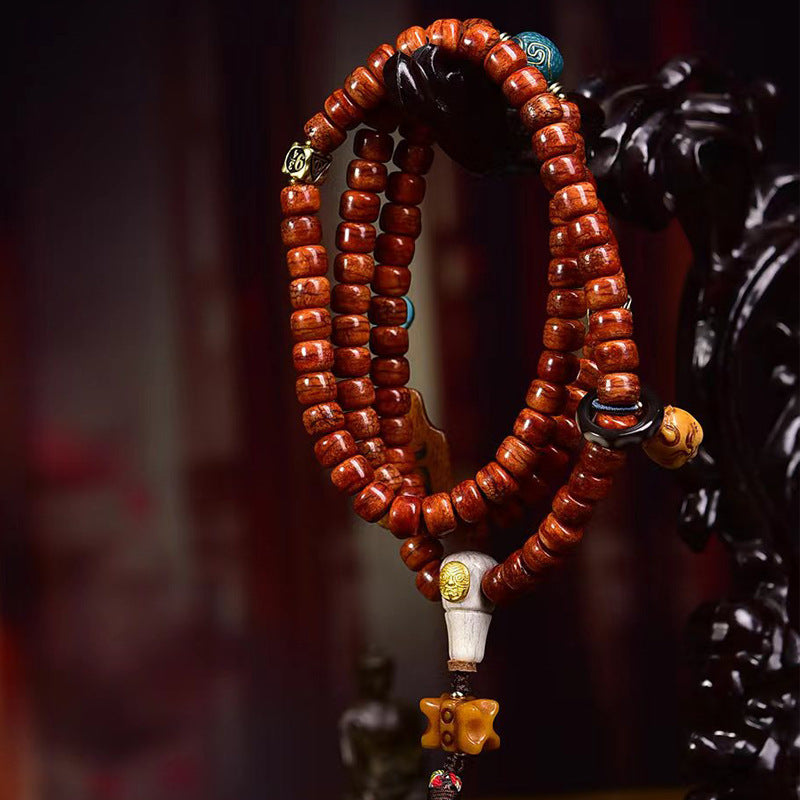 Tibetan Vintage Camel Bone 108 Barrel Beads Prayer Bracelet | Meteorite Agate Meditation Mala Jewelry