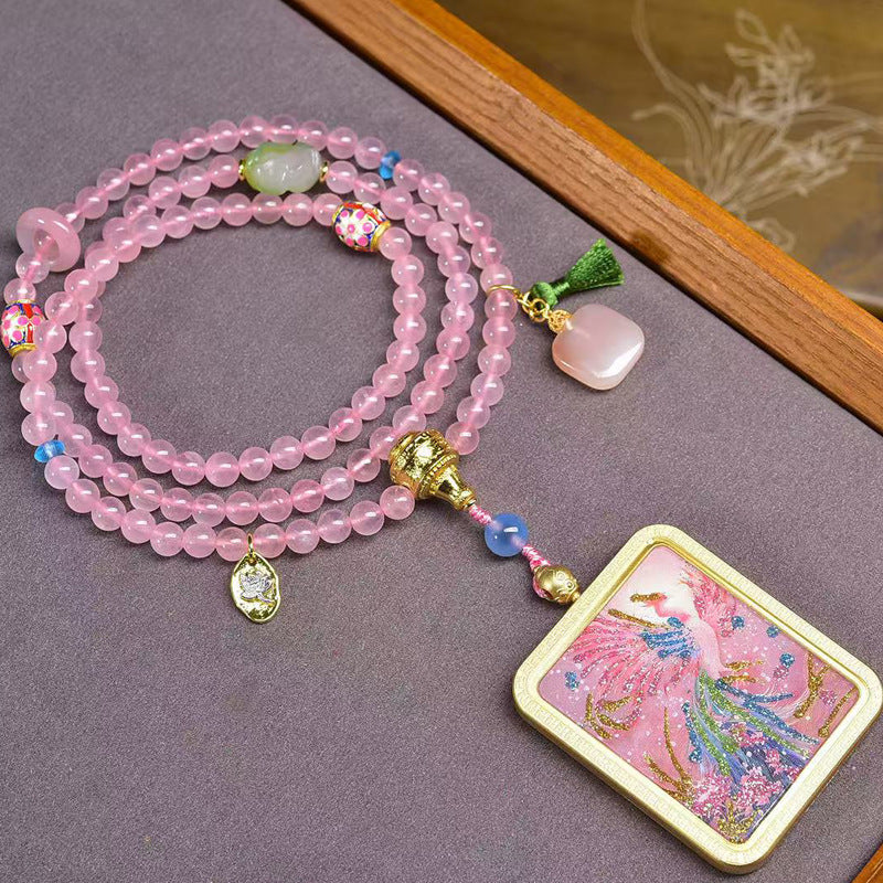 Tibetan Nine Purple Fire Pink Phoenix Thangka Amulet | Rose Quartz Agate Feminine Energy Beauty Entrepreneur Necklace