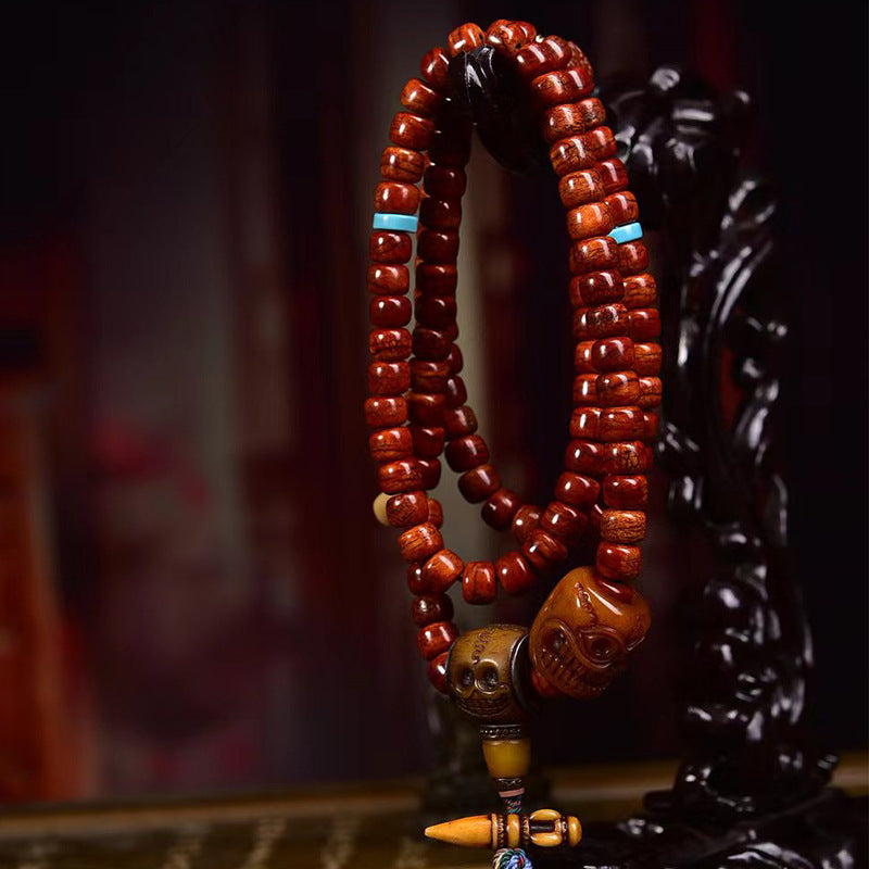 Tibetan Vintage Bone 108 Barrel Beads Prayer Bracelet | Skull Vajra Meditation Mala Spiritual Jewelry