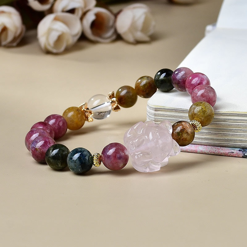 Tourmaline Rose Quartz Bracelet | Rainbow Charm Attraction Fox Pendant Crystal Jewelry