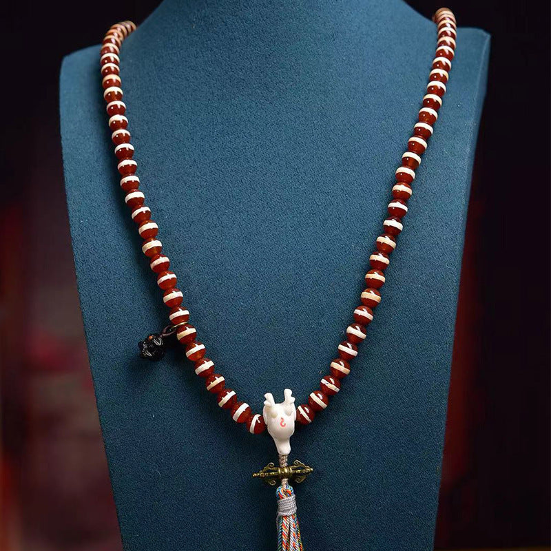 Tibetan Vintage Etched Agate 108 Prayer Beads Necklace | Ancient Meditation Mala Collector Jewelry