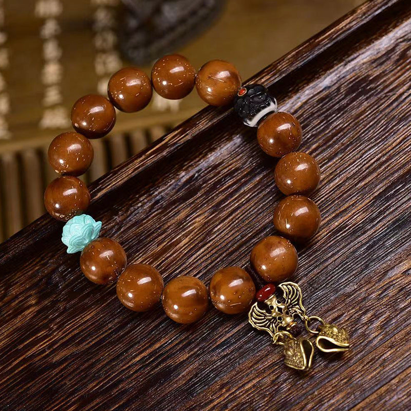 Purple Gold Rat Three Eye Bodhi Seed Bracelet | Angel Wings Happy Buddha Wisdom Guardian Spiritual Jewelry