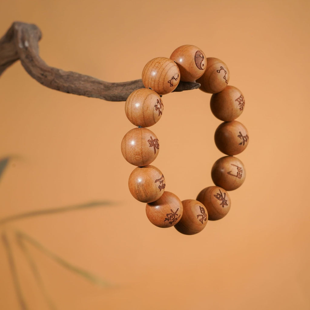 Nine Word Mantra Peach Wood Bracelet | Thunderstruck Warrior Protection Evil Banishing Taoist Prayer Beads