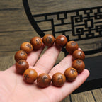 Aged Talisman Inscription Wood Bracelet | 13 Beads Thunderstruck Dark Multi Symbol Taoist Protection Jewelry