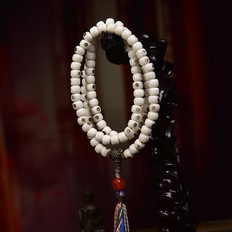 Tibetan Yak Bone 108 Prayer Beads Bracelet | Copper Inlay Meditation Mala Buddhist Spiritual Jewelry