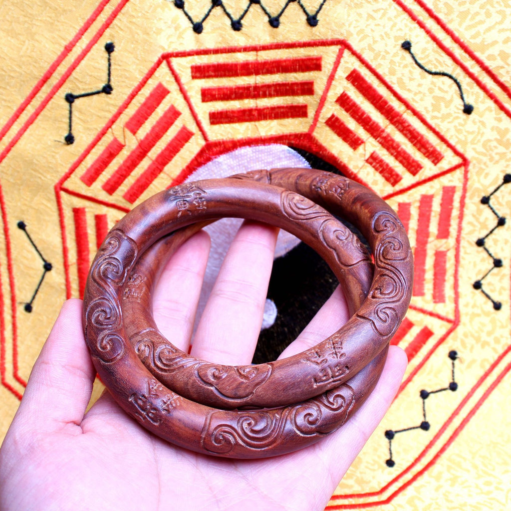 Taoist Talisman Inscription Wood Bangle | Thunderstruck Jujube Seamless Cloud Pattern Mystical Artifact Jewelry
