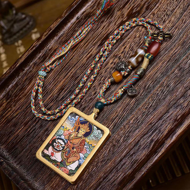 Tibetan Hand-Painted Ksitigarbha Thangka Amulet | Memorial Ancestor Agate Turquoise Protection Disaster Removal Necklace