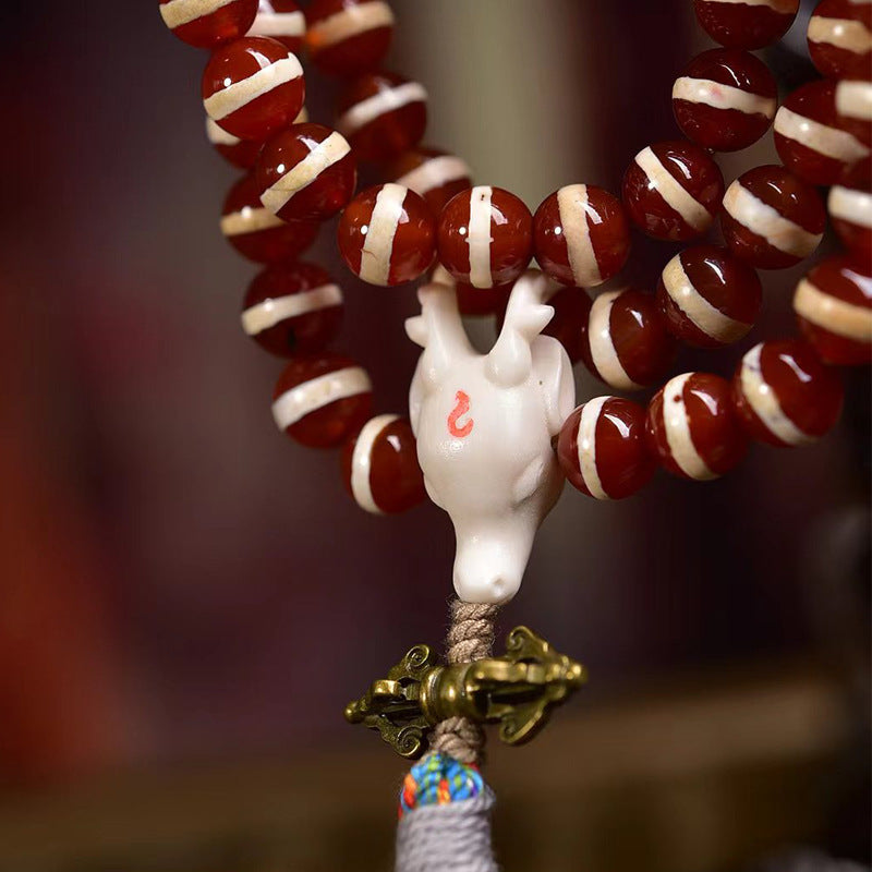 Tibetan Vintage Etched Agate 108 Prayer Beads Necklace | Ancient Meditation Mala Collector Jewelry