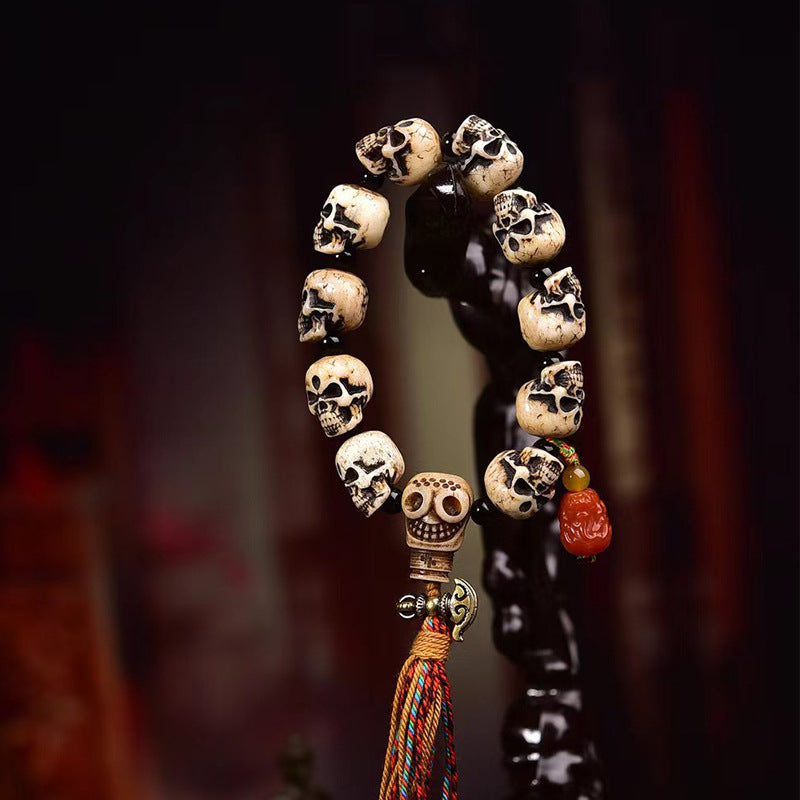 Tibetan Charnel Ground Skull Bracelet | Carved Bone Meditation Awakening Spiritual Buddhist Jewelry