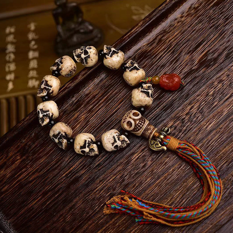 Tibetan Charnel Ground Skull Bracelet | Carved Bone Meditation Awakening Spiritual Buddhist Jewelry
