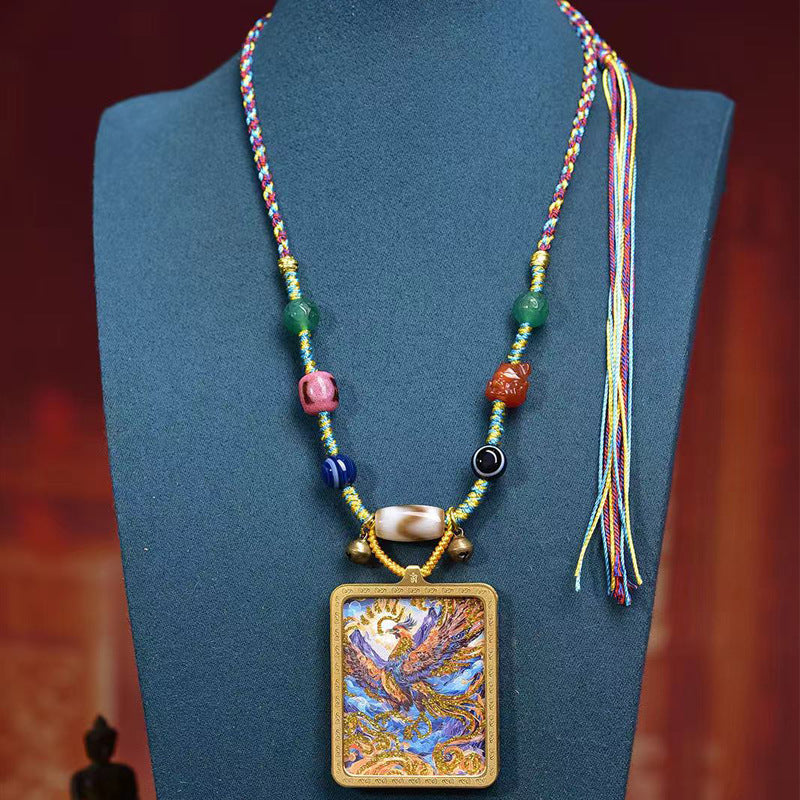 Tibetan Nine Purple Fire Phoenix Thangka Amulet | Career Success Wealth Prosperity Agate Dzi Opportunity Necklace