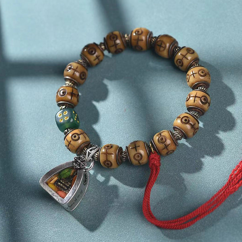 Camel Bone Silver Inlay Barrel Beads Bracelet | Gau Box Turquoise Protection Tibetan Amulet Jewelry