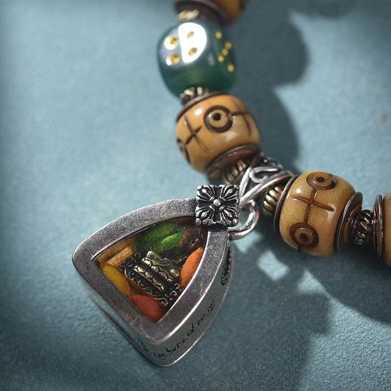 Camel Bone Silver Inlay Barrel Beads Bracelet | Gau Box Turquoise Protection Tibetan Amulet Jewelry