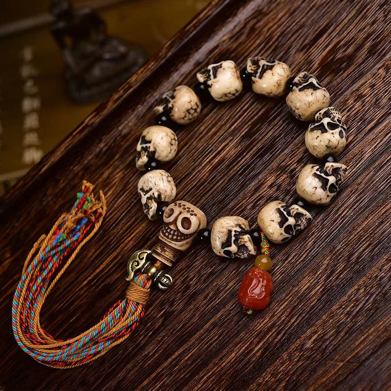 Tibetan Charnel Ground Skull Bracelet | Carved Bone Meditation Awakening Spiritual Buddhist Jewelry