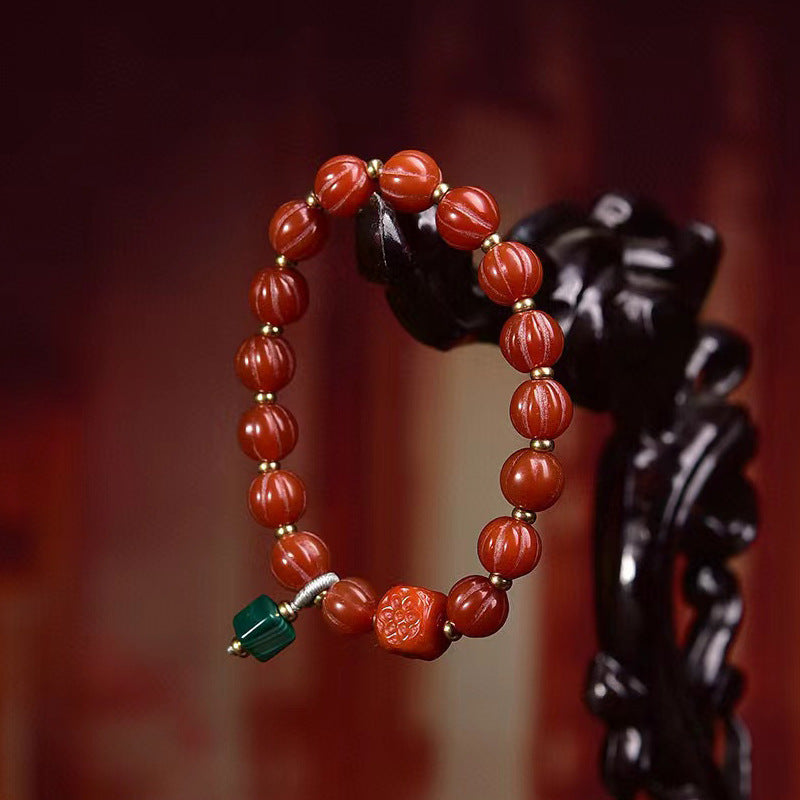 Red Agate Melon Beads Bracelet | Malachite Prosperity Wealth Fortune Harvest Spiritual Jewelry