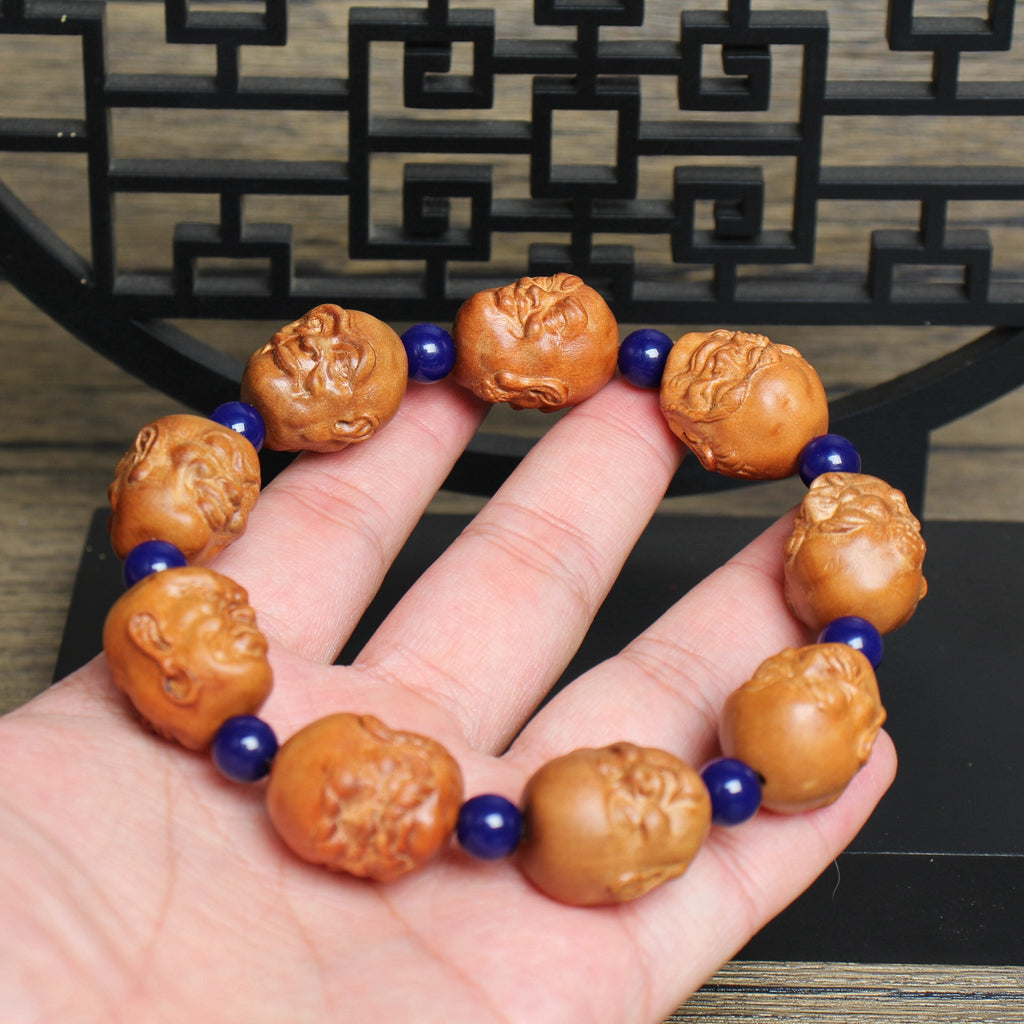 Thunderstruck Jujube Wood Eighteen Figures Bracelet | Hand Carved Character Beads Lapis Lazuli Artistic Collectible