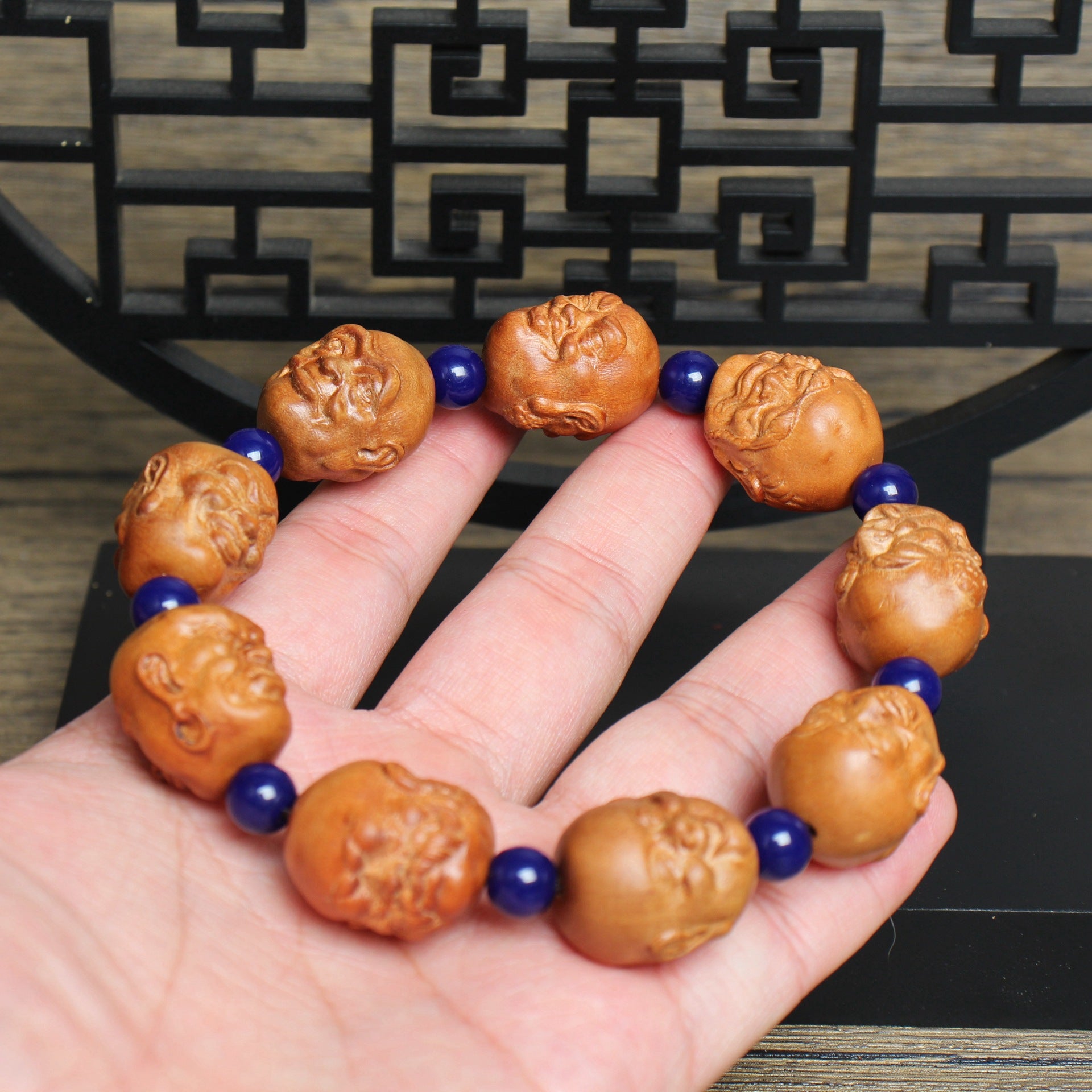Thunderstruck Jujube Wood Eighteen Figures Bracelet | Hand Carved Character Beads Lapis Lazuli Artistic Collectible