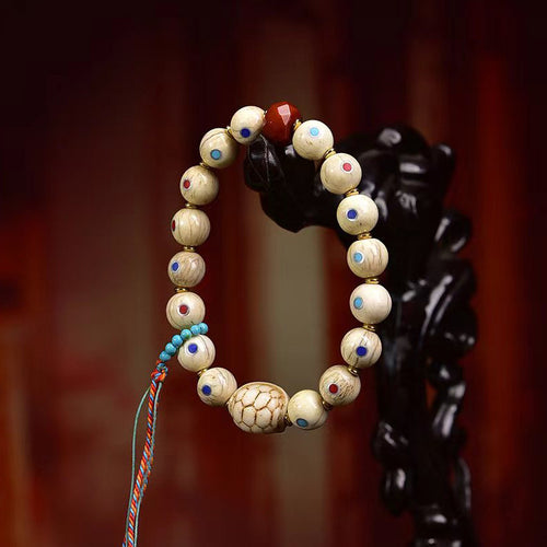 Aged Bone Wealth Bracelet | Three Color Gemstone Inlay Fortune Prosperity Longevity Agate Spiritual Jewelry