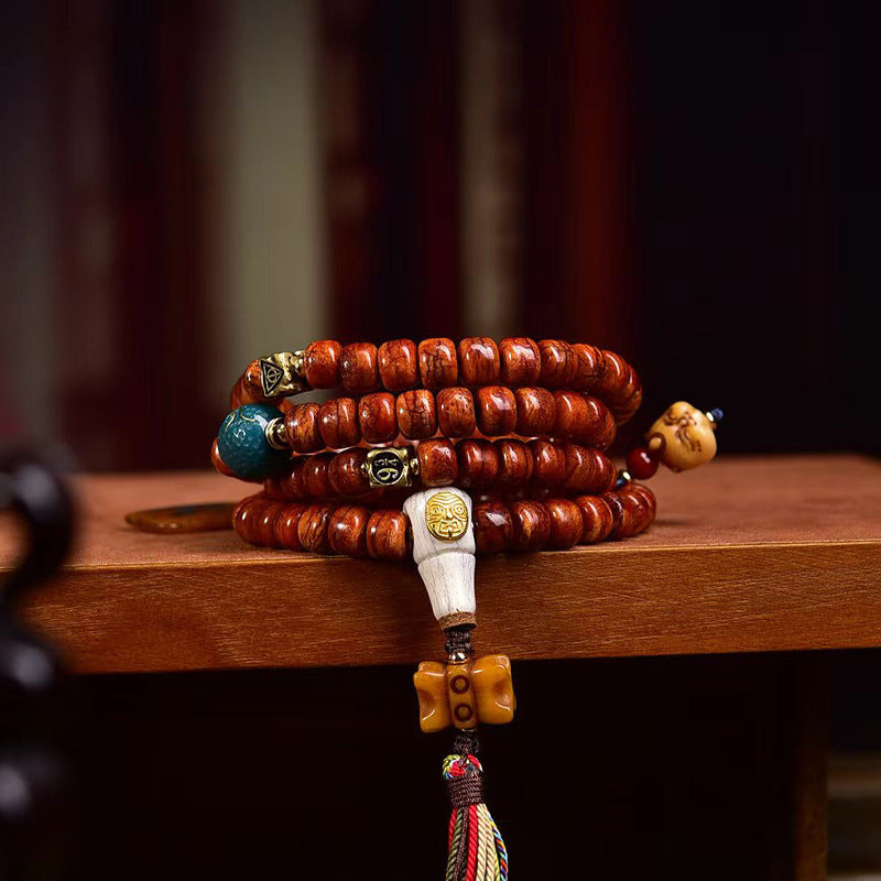Tibetan Vintage Camel Bone 108 Barrel Beads Prayer Bracelet | Meteorite Agate Meditation Mala Jewelry