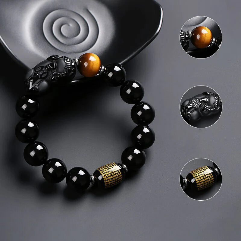 Gold Obsidian Pixiu Protection Rune Bracelet - Taoist Triple Guardian Array Evil Eye Defense