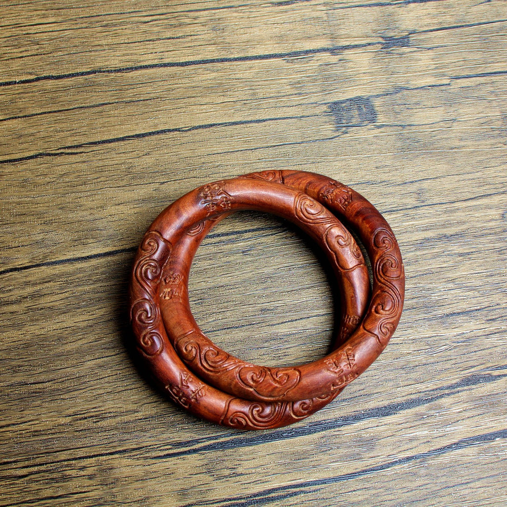 Taoist Talisman Inscription Wood Bangle | Thunderstruck Jujube Seamless Cloud Pattern Mystical Artifact Jewelry
