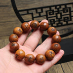 Aged Talisman Inscription Wood Bracelet | 13 Beads Thunderstruck Dark Multi Symbol Taoist Protection Jewelry