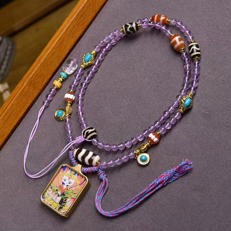 Tibetan White Nine-Tailed Fox Thangka Amulet | Amethyst Dzi Bead Love Attraction Soulmate Romance Necklace