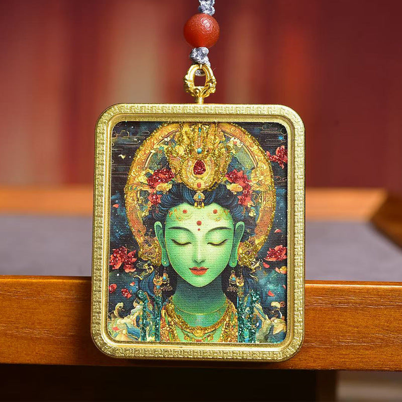 Tibetan Hand-Painted Green Tara Thangka Amulet | Women Protection Crystal Bone Bead Career Romance Blessing Necklace