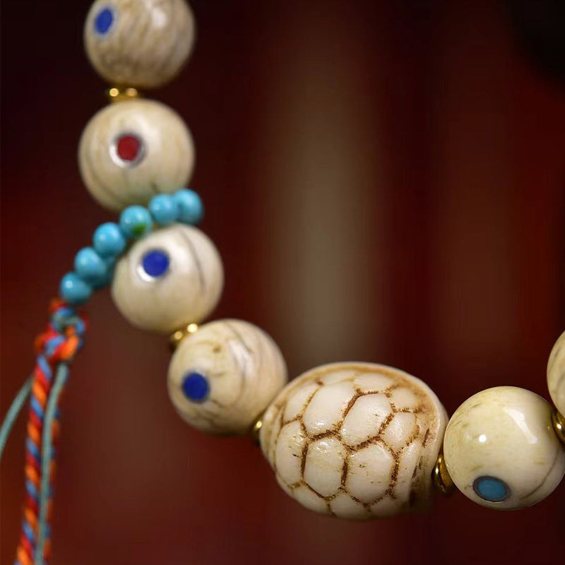 Aged Bone Wealth Bracelet | Three Color Gemstone Inlay Fortune Prosperity Longevity Agate Spiritual Jewelry