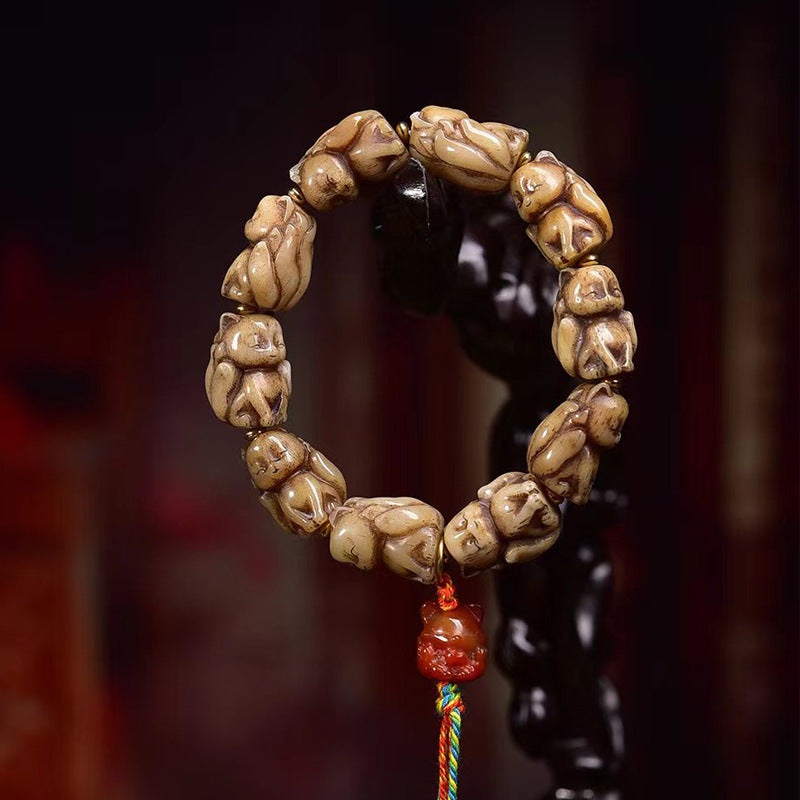 Bone Carved Fox Bracelet | Red Agate Charm Wisdom Spiritual Animal Jewelry