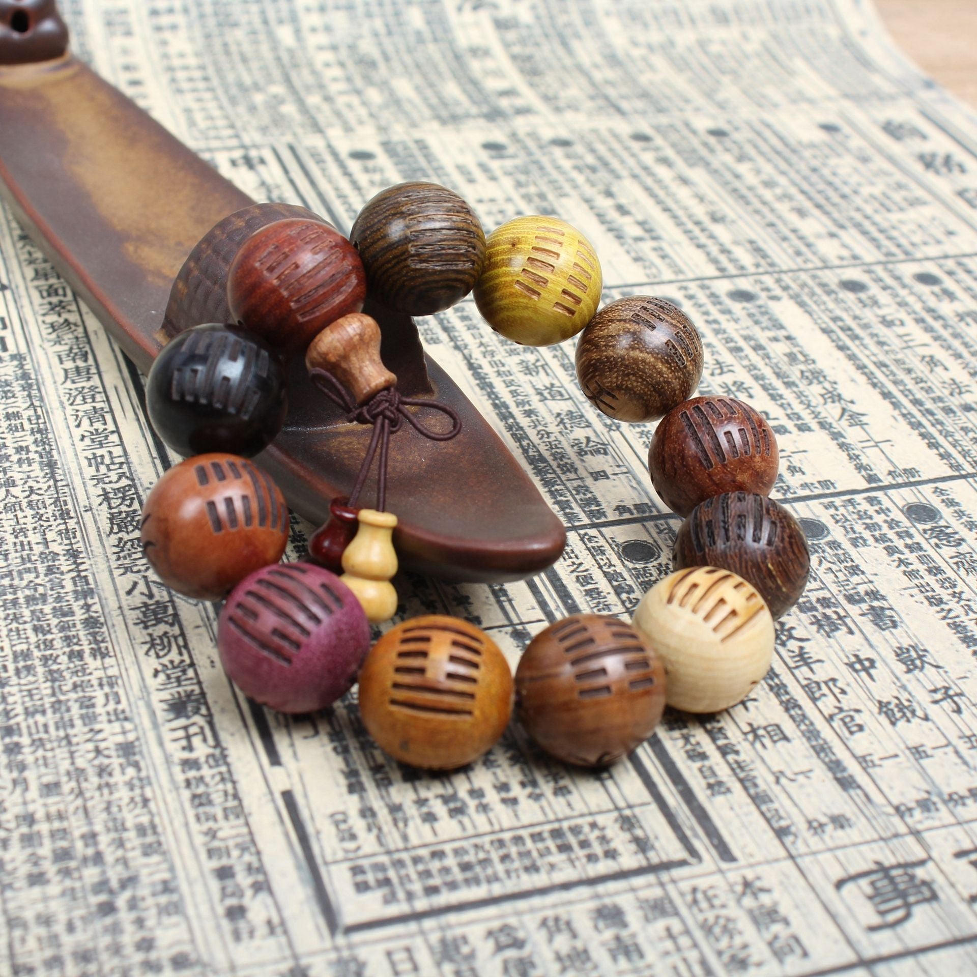 Multi-Treasure 64 Hexagrams Bracelet | I Ching Wooden Bead 20mm Large Men's Fortune Divination Jewelry