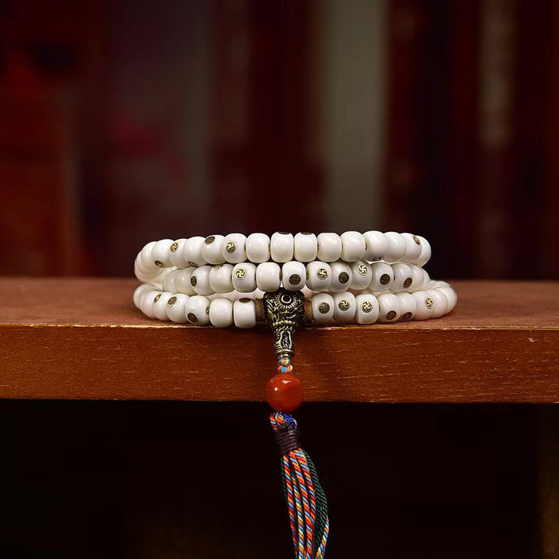 Tibetan Yak Bone 108 Prayer Beads Bracelet | Copper Inlay Meditation Mala Buddhist Spiritual Jewelry