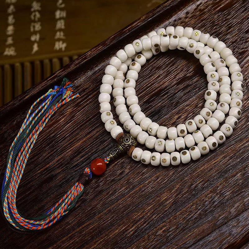Tibetan Yak Bone 108 Prayer Beads Bracelet | Copper Inlay Meditation Mala Buddhist Spiritual Jewelry