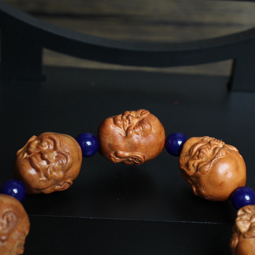 Thunderstruck Jujube Wood Eighteen Figures Bracelet | Hand Carved Character Beads Lapis Lazuli Artistic Collectible