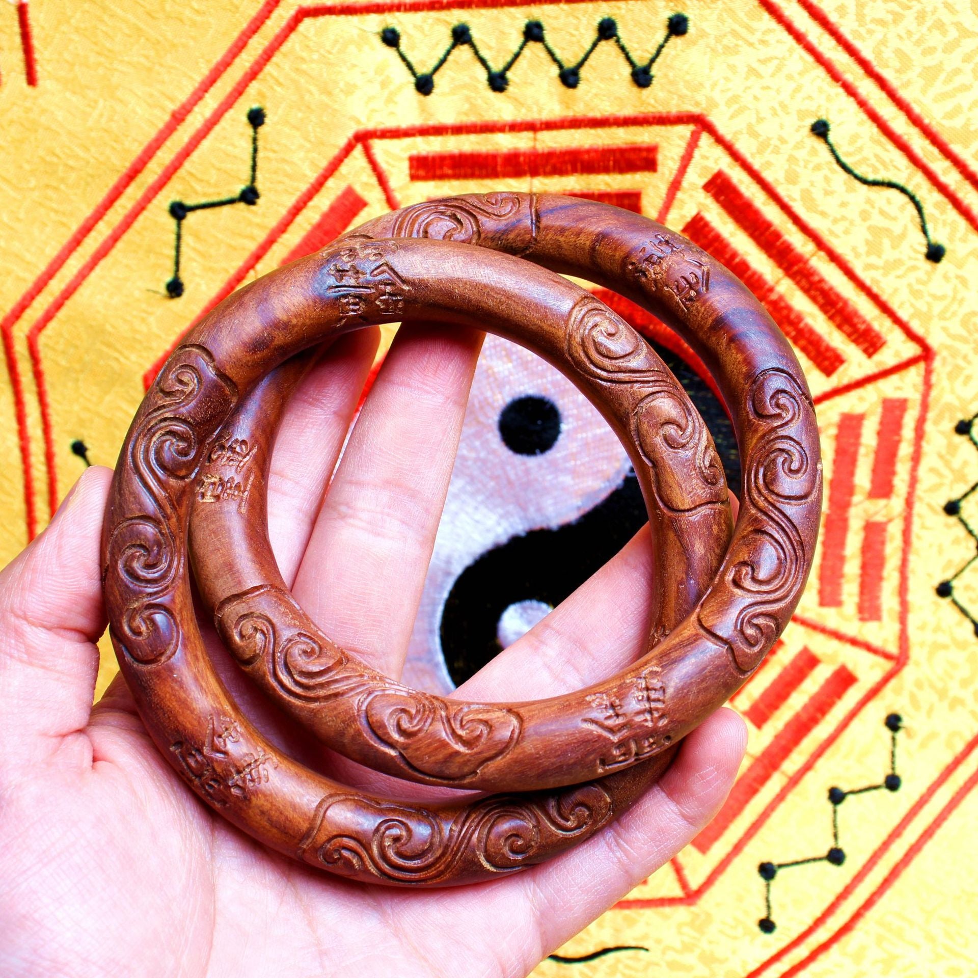 Taoist Talisman Inscription Wood Bangle | Thunderstruck Jujube Seamless Cloud Pattern Mystical Artifact Jewelry