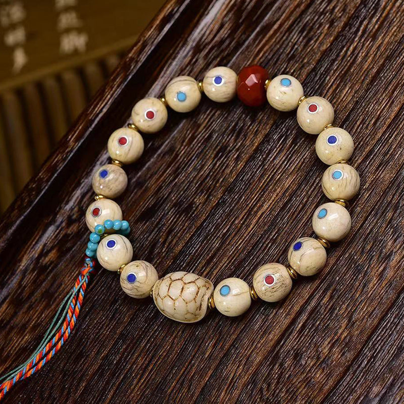 Aged Bone Wealth Bracelet | Three Color Gemstone Inlay Fortune Prosperity Longevity Agate Spiritual Jewelry