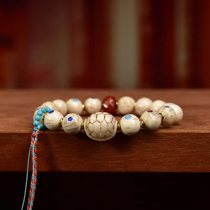 Aged Bone Wealth Bracelet | Three Color Gemstone Inlay Fortune Prosperity Longevity Agate Spiritual Jewelry