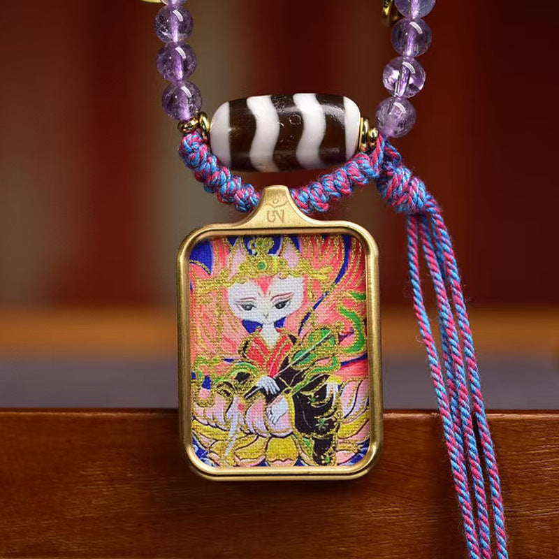 Tibetan White Nine-Tailed Fox Thangka Amulet | Amethyst Dzi Bead Love Attraction Soulmate Romance Necklace