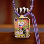 Tibetan White Nine-Tailed Fox Thangka Amulet | Amethyst Dzi Bead Love Attraction Soulmate Romance Necklace