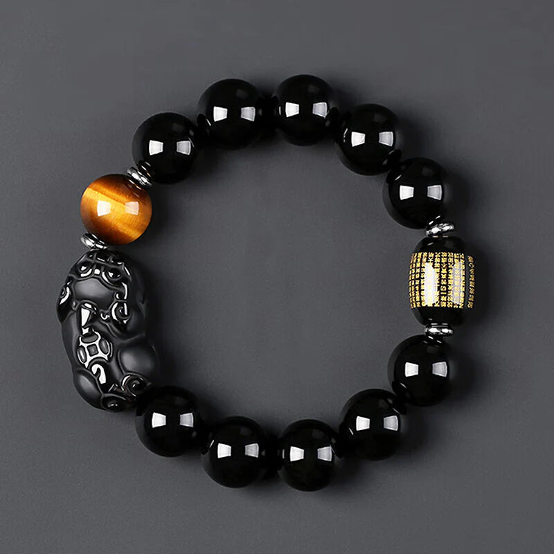 Gold Obsidian Pixiu Protection Rune Bracelet - Taoist Triple Guardian Array Evil Eye Defense
