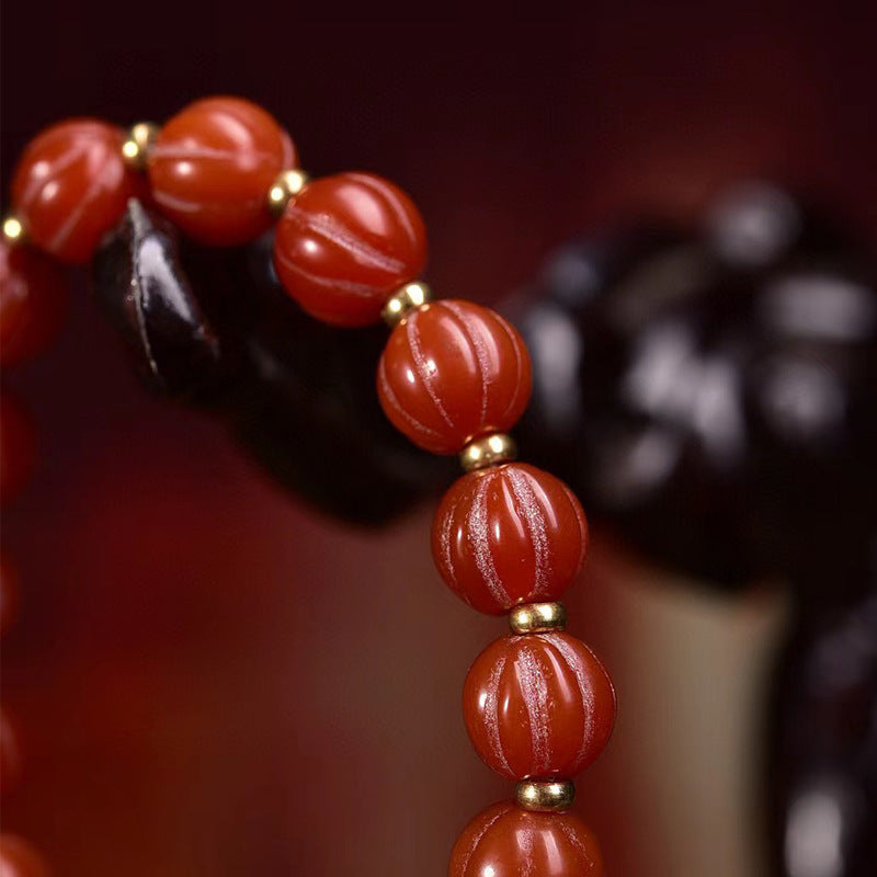 Red Agate Melon Beads Bracelet | Malachite Prosperity Wealth Fortune Harvest Spiritual Jewelry
